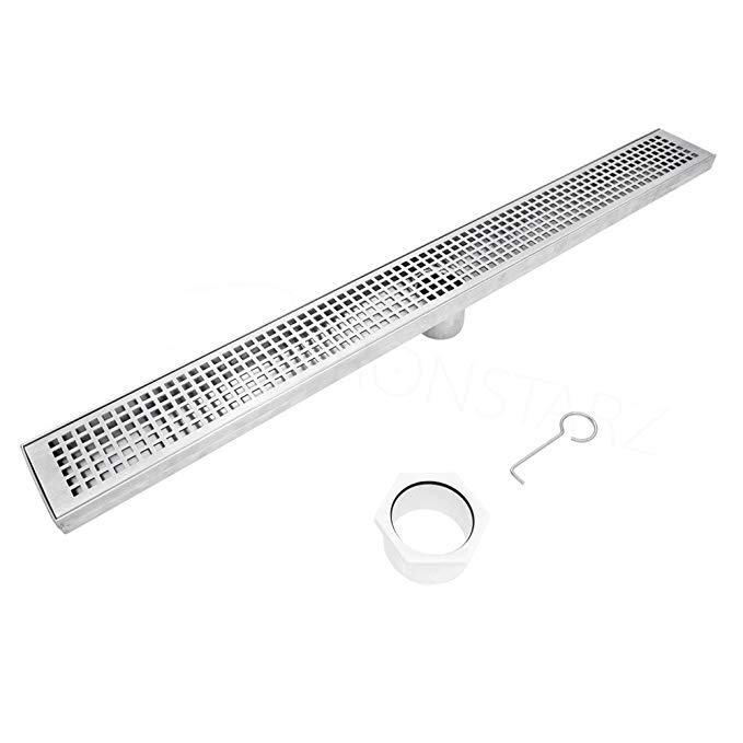 Bronstarz 30-Inch Linear Shower Drain with Quadrato Pattern Grate Brushed 304 Stainless Steel Rectangle Shower Floor Drain with cUPC Certified for Bathroom Kitchen Pool Floor Drain Strainer