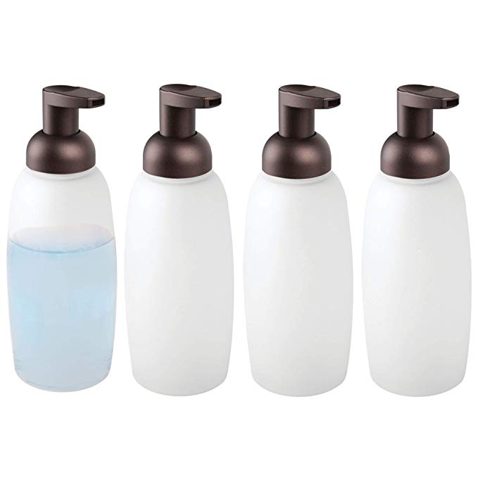 mDesign Modern Glass Refillable Foaming Soap Dispenser Pump Bottle for Bathroom Vanities or Kitchen Sink, Countertops - Pack of 4, Frost with Bronze Pump Head