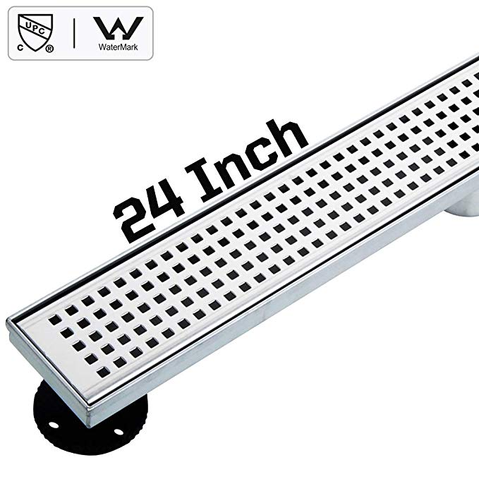 24 Inch Linear Shower Drain Long Shower Floor Drain with Removable Quadrato Pattern Grate for Bathroom, Brushed 304 Stainless Steel with Adjustable Leveling Feet and Hair Strainer