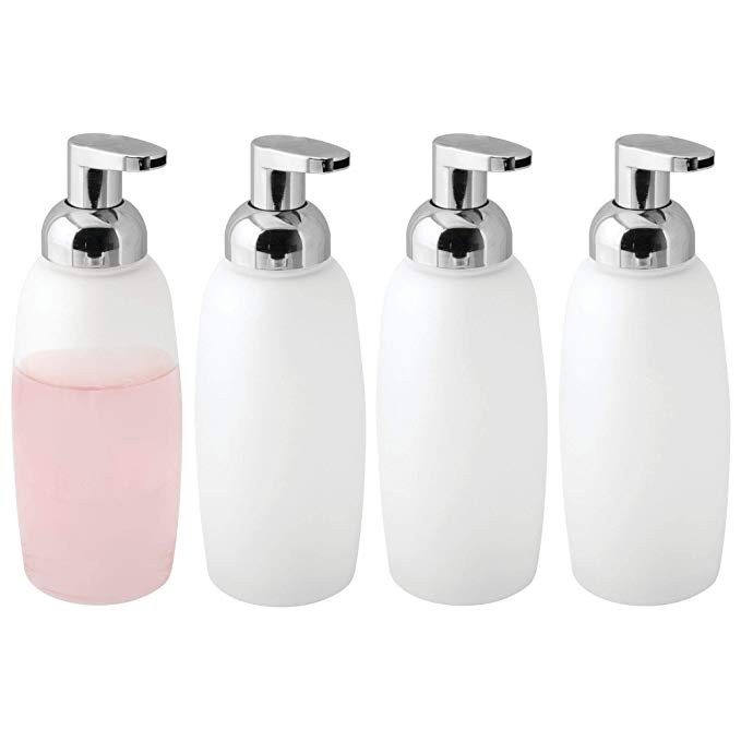 mDesign Modern Glass Refillable Foaming Soap Dispenser Pump Bottle for Bathroom Vanities or Kitchen Sink, Countertops - Pack of 4, Frost with Chrome Pump Head