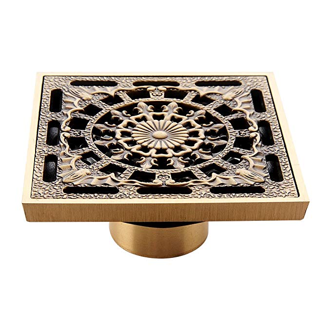 HARPOON Shower Floor Drain Cover Washer 4 inch Square Brass Bath Floor Drain Flower Art Carved Antique