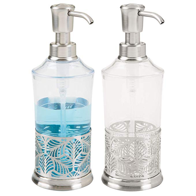 mDesign Liquid Soap Dispenser Pump Bottle with Leaf Design for Kitchen Sink, Bathroom Vanity Countertops | Also Can be Used for Hand Lotion & Essential Oils - Pack of 2, Clear/Brushed Nickel