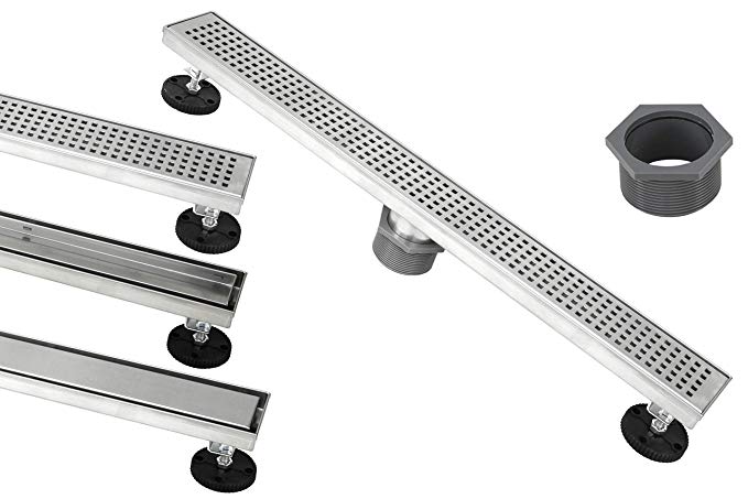 Shower Linear Drain 32 Inch – Square Checker Pattern Grate – Brushed 304 Stainless Steel – Bonus 2 IN 1 Reversible Tile Insert & Flat Grate and Threaded Adaptor – Adjustable Leveling Feet (32 Inch)