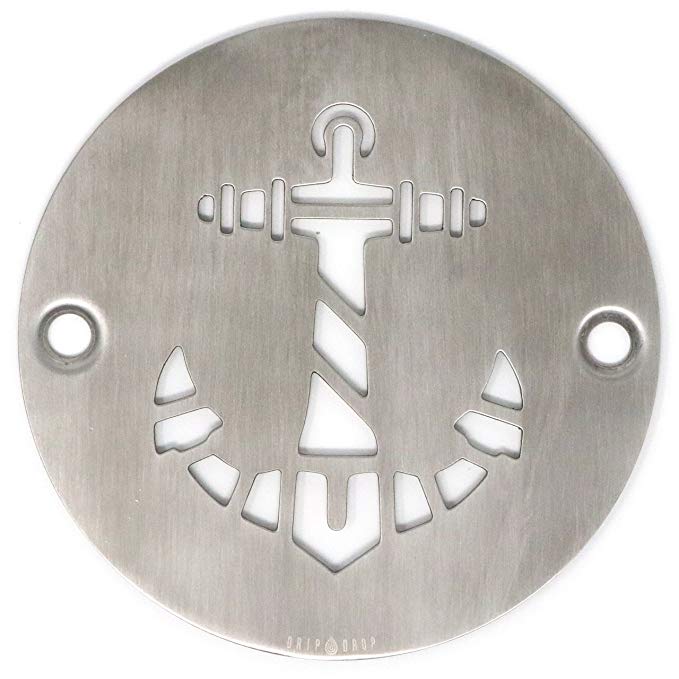 DRIP DROP Custom Shower Drain Cover (4in Round - Anchor, Brushed Stainless Steel)