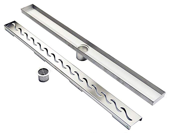 DIYHD 24 inch Shower Linear Drain,S Wave Cut Plate Long Floor Drain With Hair Filter-304 Stainless Steel