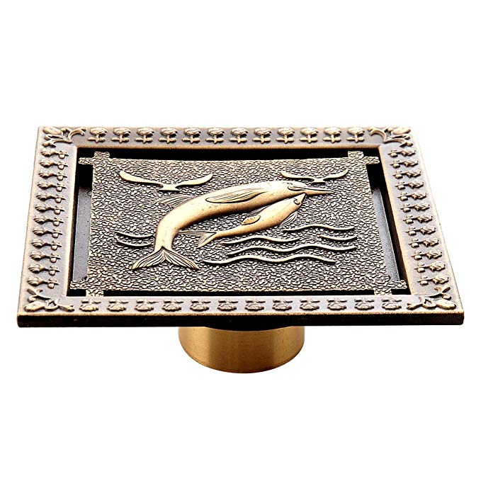 HARPOON Art Carved Antique Brass 4.7'' Shower Floor Waste Drain Cover Washer Floor Sink 12cm x 12cm Drain Dome Strainer (Dolphin)