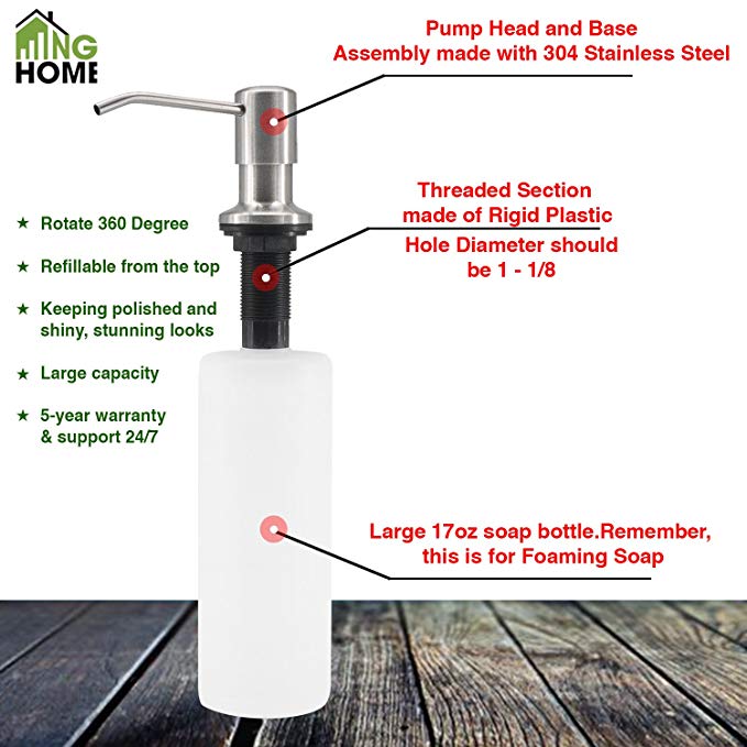 NG Home Durable 304 Stainless Steel Built in Pump Kitchen Sink Soap Dispenser,17 OZ Bottle-3.15 Inch Threaded Tube for Thick Deck Installation-Easy refillable from above counter for kit