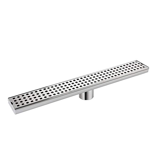 DESFAU 24-Inch Linear Shower Drain with Removable Quadrato Pattern Grate, Rectangular Linear Drain for Shower, 304 Stainless Steel Shower Floor Linear Drain, Hair Strainer