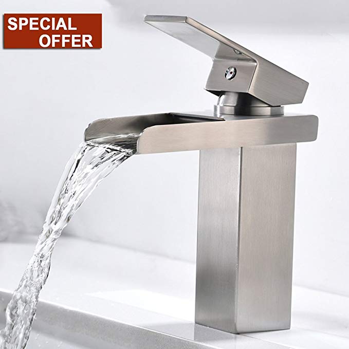 Lead-free Best Comercial Modern One Hole Single Handle Lavatory Vanity Brushed Nickel Waterfall Bathroom Sink Faucet,Bathroom Faucets Spout Simple Mount