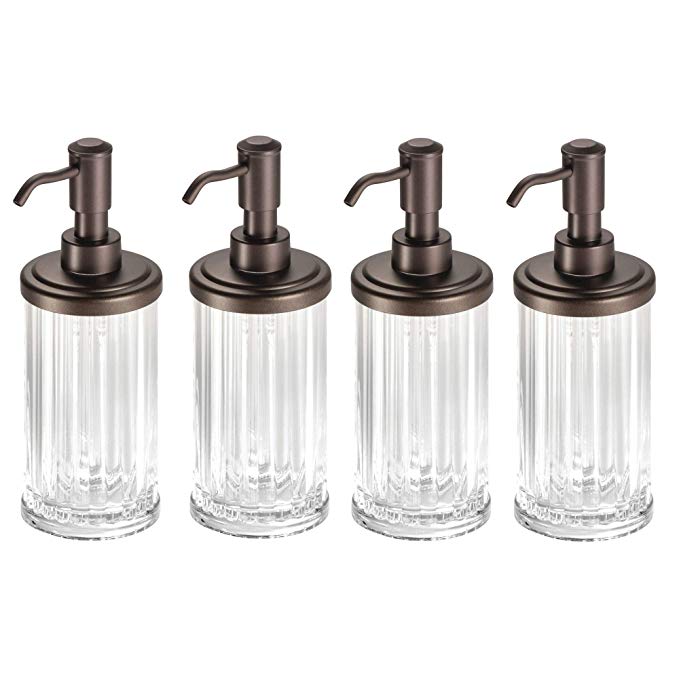 mDesign Fluted Refillable Liquid Soap Dispenser Pump Bottle for Kitchen Sink, Bathroom Vanity Countertops: Holds Hand Lotion & Essential Oils - Pack of 4, Clear Plastic, Metal Pump Head in Bronze